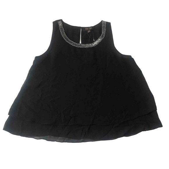 Truth By Republic Top Size XS Sleeveless Semi Sheer Tiered Black Beaded Neckline - Picture 3 of 12